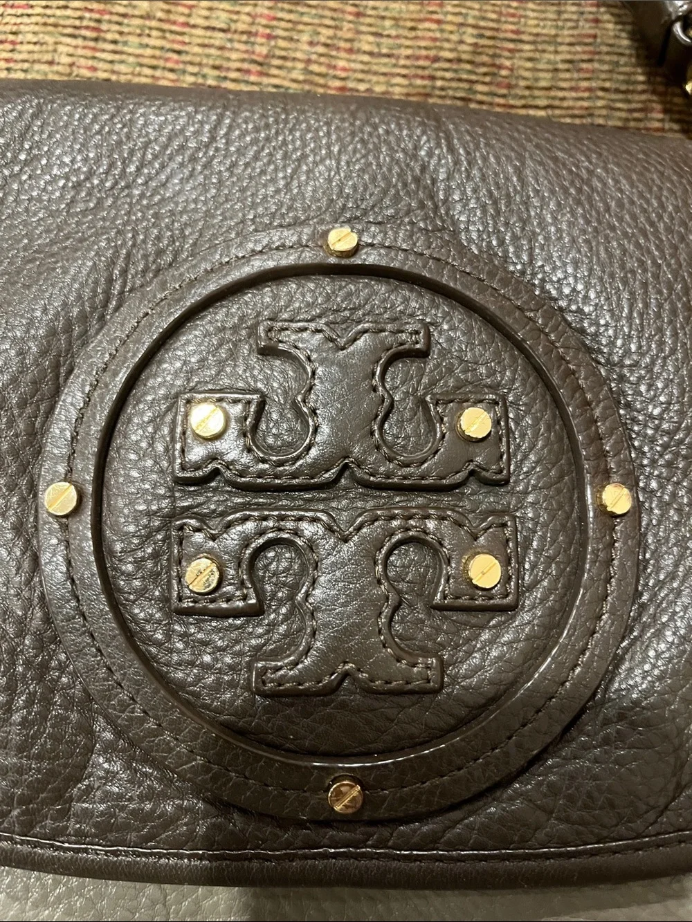 Tory Burch Two-Tone Pebbled Leather Crossbody in Dark Brown and Light Gray